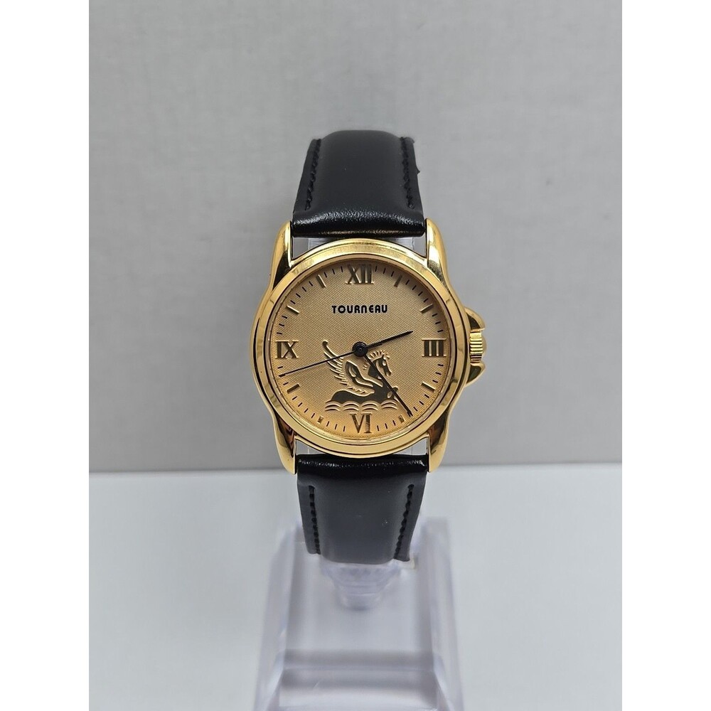 Tourneau Pegasus Limited Edition Gold Tone Black Leather Quartz Watch New Batter